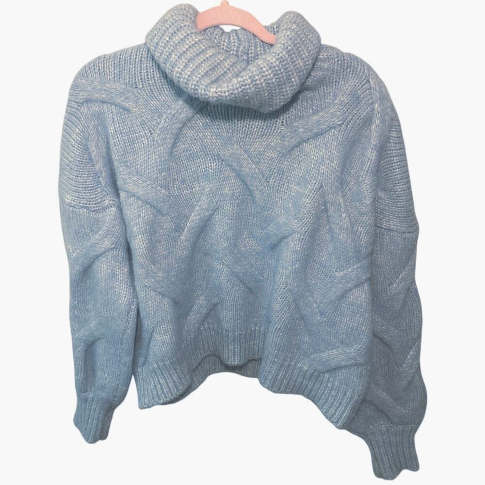 She + Sky Blue Cable Knit Cowl Neck Sweater Cropped Balloon Sleeve Women's Small